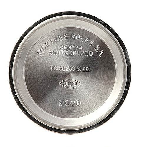 This image shows the inside of the case back of a Rolex Oyster Perpetual 76183 Women's Stainless Steel Champagne Dial 76183 Women's Stainless Steel Champagne Dial watch, engraved with text indicating "stainless steel" and the year "2020."