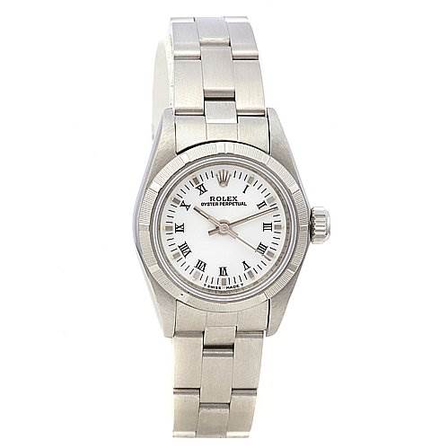 This image shows a front view of a Rolex Oyster Perpetual 67230 Women's Stainless Steel White Dial 67230 Women's Stainless Steel White Dial watch, highlighting its white dial, Roman numerals, bezel, crown, and metal bracelet.