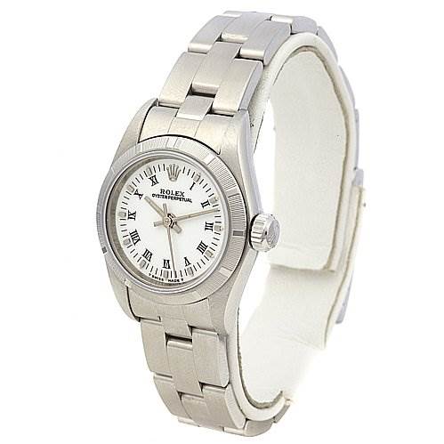 This image shows a Rolex Oyster Perpetual 67230 Women's Stainless Steel White Dial 67230 Women's Stainless Steel White Dial watch angled slightly to the left, displaying the face, bracelet, and crown.