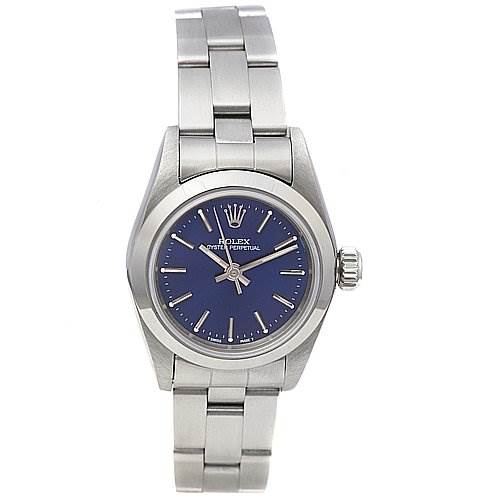 The image shows a frontal view of a Rolex Oyster Perpetual 67180 Women's Stainless Steel Blue Dial 67180 Women's Stainless Steel Blue Dial watch, displaying the face, crown, and bracelet.