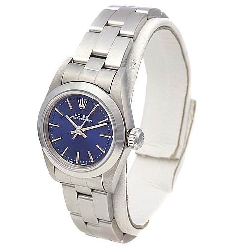 This image shows a three-quarter view of a Rolex Oyster Perpetual 67180 Women's Stainless Steel Blue Dial 67180 Women's Stainless Steel Blue Dial watch, highlighting the face, bezel, crown, and bracelet.