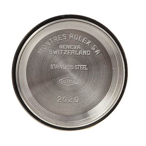 This image shows the interior of the case back of a Rolex Oyster Perpetual 67180 Women's Stainless Steel Blue Dial 67180 Women's Stainless Steel Blue Dial watch, highlighting engravings including the brand and manufacturing information.