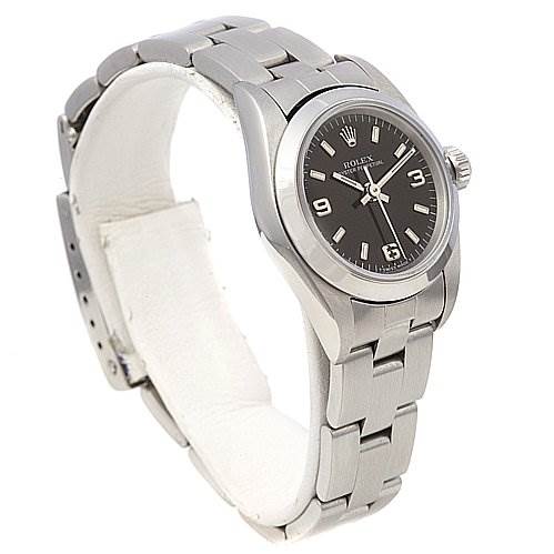 This image shows a Rolex Oyster Perpetual 67180 Women's Stainless Steel Black Dial 67180 Women's Stainless Steel Black Dial watch at a slight angle, highlighting the watch face, bezel, case, and bracelet.