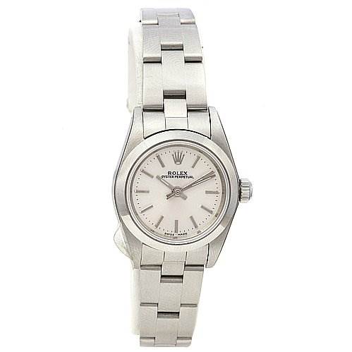 The image shows a front view of the Rolex Oyster Perpetual 76080 Women's Stainless Steel Silver Dial 76080 Women's Stainless Steel Silver Dial watch, displaying the face, bezel, and bracelet.
