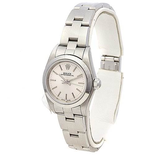 This image shows a side-angle view of the Rolex Oyster Perpetual 76080 Women's Stainless Steel Silver Dial 76080 Women's Stainless Steel Silver Dial watch, displaying the face, bezel, crown, and bracelet.