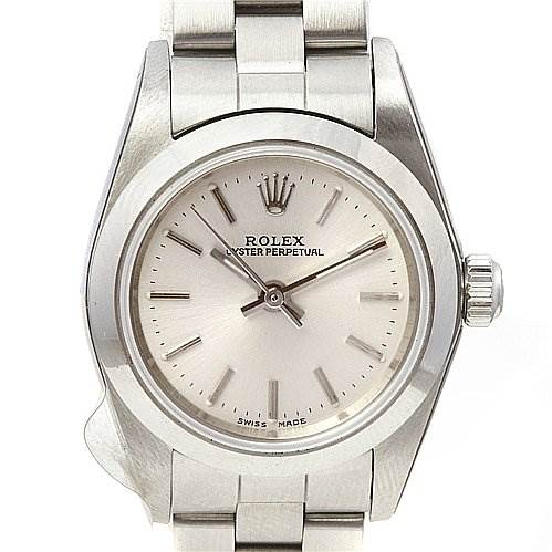 This image shows a front view of a Rolex Oyster Perpetual 76080 Women's Stainless Steel Silver Dial 76080 Women's Stainless Steel Silver Dial watch, highlighting its dial, bezel, crown, and metal bracelet.