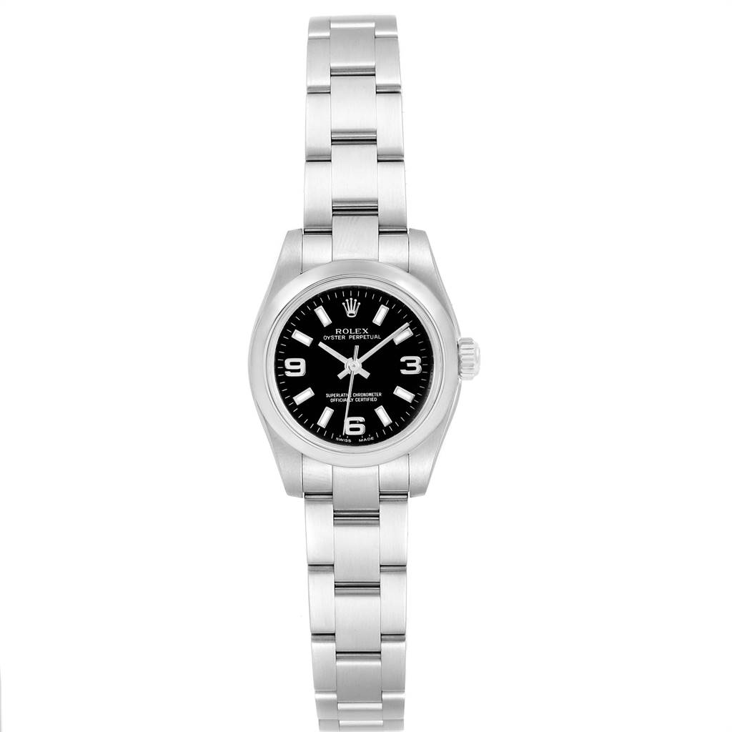 The image shows a front view of the Rolex Oyster Perpetual 176200 Women
s Stainless Steel Black Dial 176200 Women
s Stainless Steel Black Dial watch, focusing on the dial, case, and bracelet.