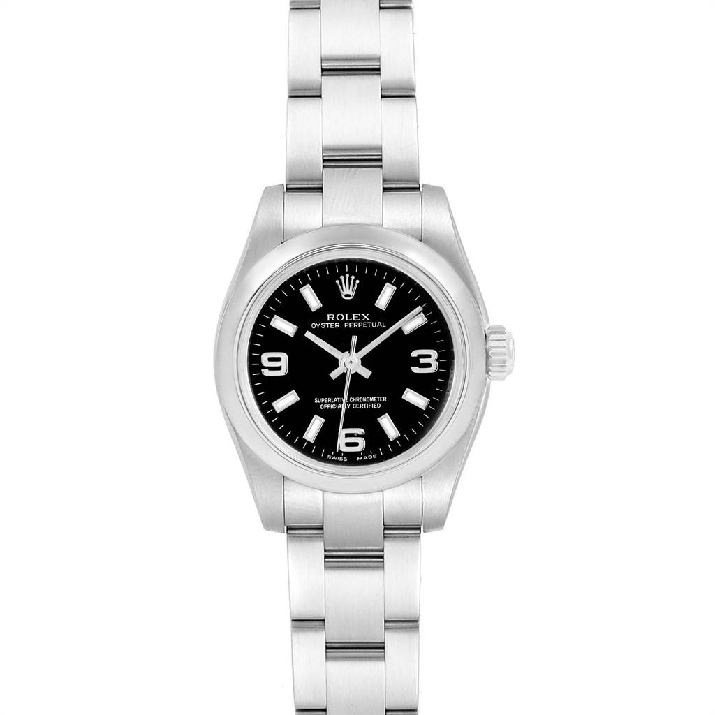 The image shows a front view of the Rolex Oyster Perpetual 176200 Women
s Stainless Steel Black Dial 176200 Women
s Stainless Steel Black Dial watch, featuring its black dial, hour markers, and stainless steel bracelet.