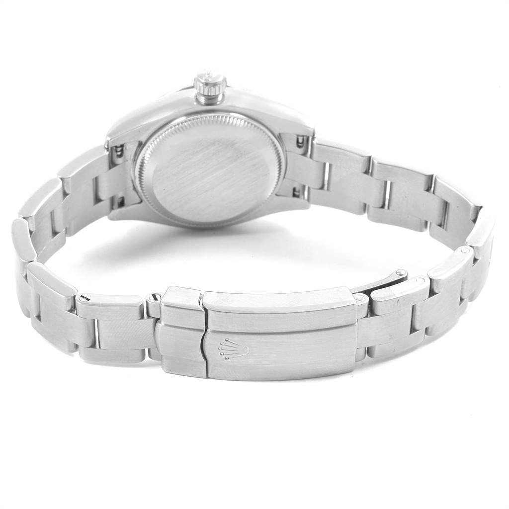 This image shows the back case and bracelet clasp of the Rolex Oyster Perpetual 176200 Women
s Stainless Steel Black Dial 176200 Women
s Stainless Steel Black Dial watch.