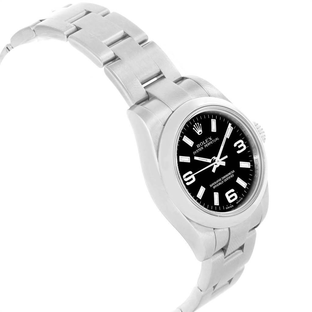 The Rolex Oyster Perpetual 176200 Women
s Stainless Steel Black Dial 176200 Women
s Stainless Steel Black Dial watch is shown at a slight angle, displaying the bracelet, case, and black dial with hour markers.