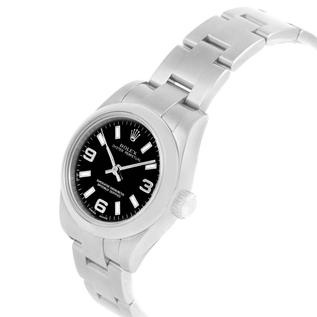 The image shows a side angle of the Rolex Oyster Perpetual 176200 Women
s Stainless Steel Black Dial 176200 Women
s Stainless Steel Black Dial watch, highlighting the face, crown, and part of the metal bracelet.