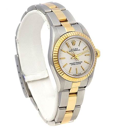 This Rolex Oyster Perpetual 76193 Women's Stainless Steel Silver Dial 76193 Women's Stainless Steel Silver Dial watch is shown at an angled side view, highlighting its dial, bezel, and two-tone bracelet.
