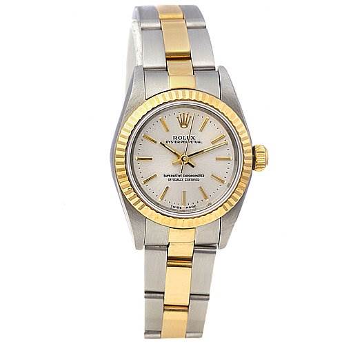 The image shows a frontal view of the Rolex Oyster Perpetual 76193 Women's Stainless Steel Silver Dial 76193 Women's Stainless Steel Silver Dial watch, highlighting its dial, bezel, crown, and two-tone bracelet.
