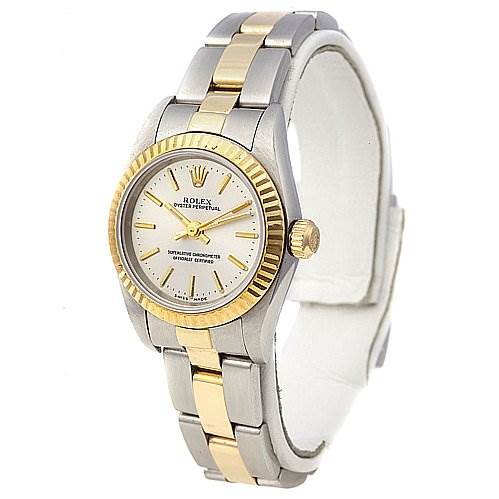 The image shows a Rolex Oyster Perpetual 76193 Women's Stainless Steel Silver Dial 76193 Women's Stainless Steel Silver Dial watch at a front angle, highlighting its two-tone band and fluted bezel.