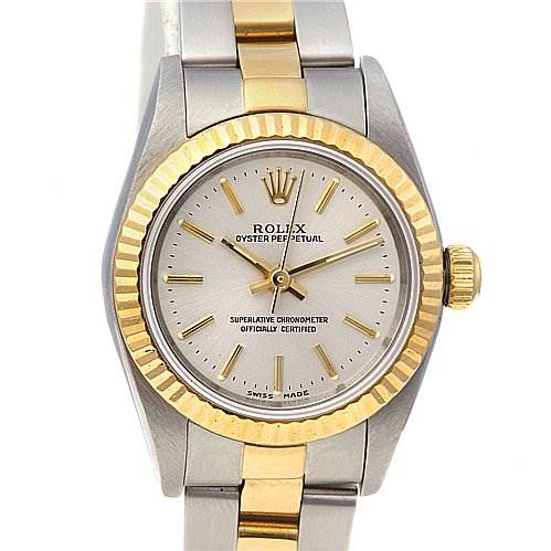 The image shows a front angle of a Rolex Oyster Perpetual 76193 Women's Stainless Steel Silver Dial 76193 Women's Stainless Steel Silver Dial watch, highlighting the face, bezel, and part of the bracelet.