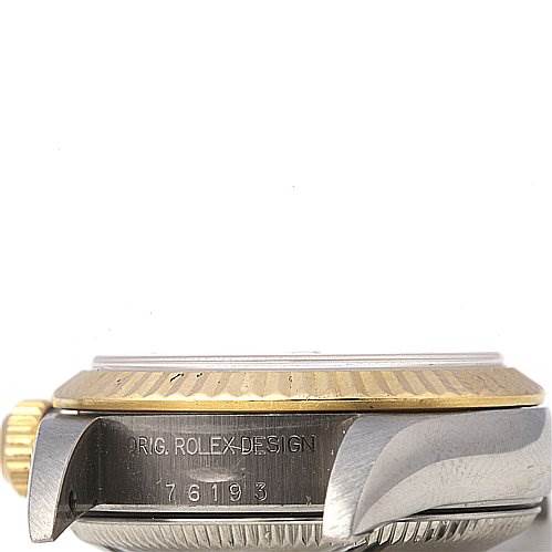 The image shows a side view of the Rolex Oyster Perpetual 76193 Women's Stainless Steel Silver Dial 76193 Women's Stainless Steel Silver Dial watch, highlighting its crown, bezel, and model number.