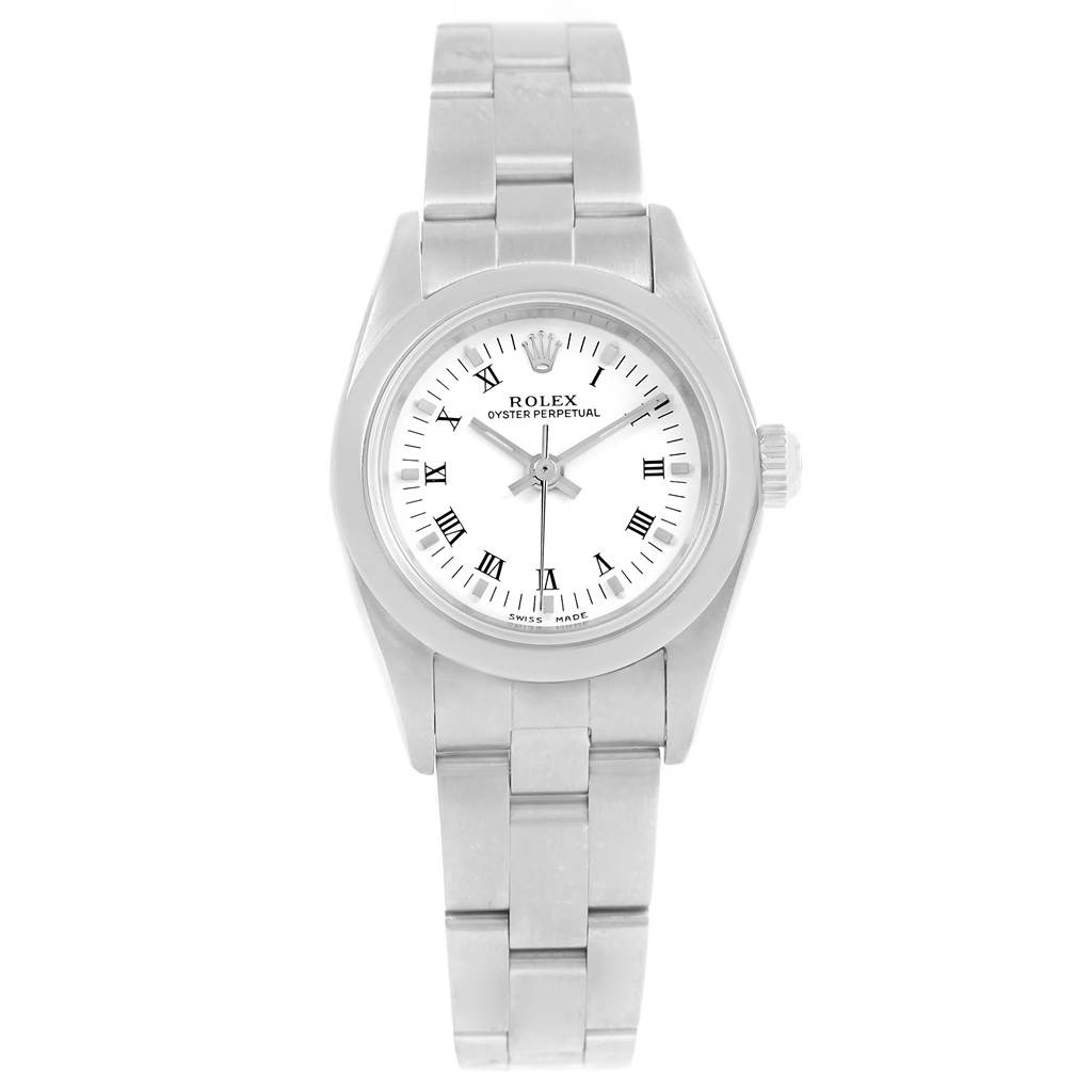 This image shows a front view of the Rolex Oyster Perpetual 76080 Women's Stainless Steel White Dial 76080 Women's Stainless Steel White Dial watch, highlighting its dial and bracelet.
