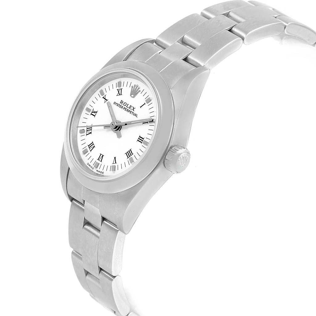 This image shows a side and angled view of a Rolex Oyster Perpetual 76080 Women's Stainless Steel White Dial 76080 Women's Stainless Steel White Dial watch, highlighting the face, crown, and bracelet.