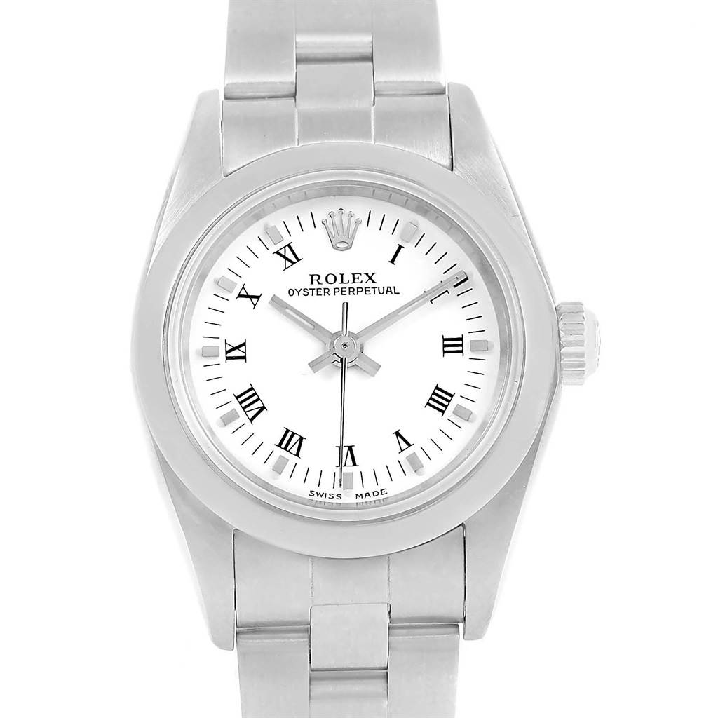 This is a direct, top-down view of a Rolex Oyster Perpetual 76080 Women's Stainless Steel White Dial 76080 Women's Stainless Steel White Dial watch, showcasing its dial, bezel, and bracelet.
