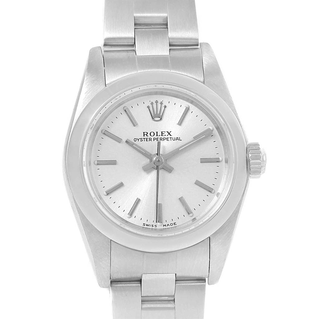 The image shows a front view of the Rolex Oyster Perpetual 76080 Women
s Stainless Steel Silver Dial 76080 Women
s Stainless Steel Silver Dial watch, highlighting its face and part of the bracelet.