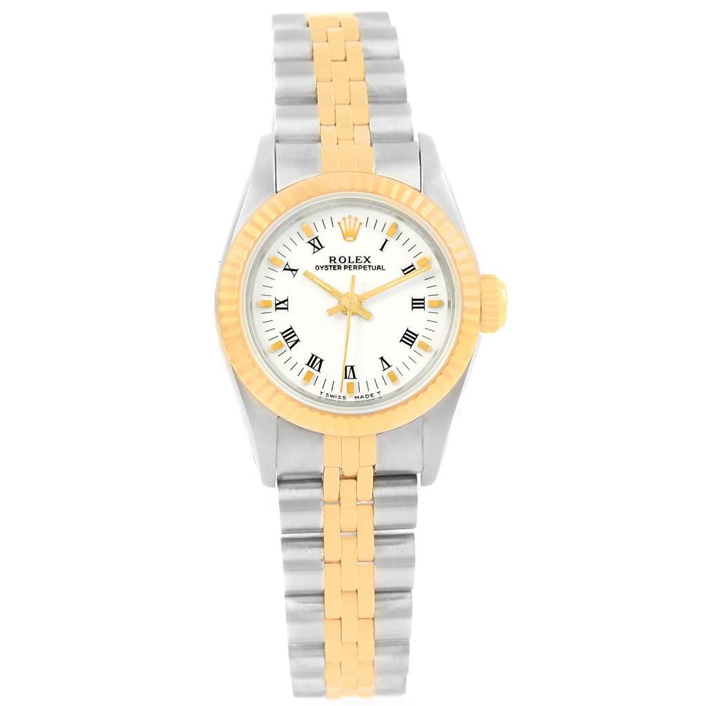 This image shows a front view of a Rolex Oyster Perpetual 67193 Women
s Steel and Gold (two tone) White Dial 67193 Women
s Steel and Gold (two tone) White Dial watch, displaying the face, bezel, crown, and bracelet.