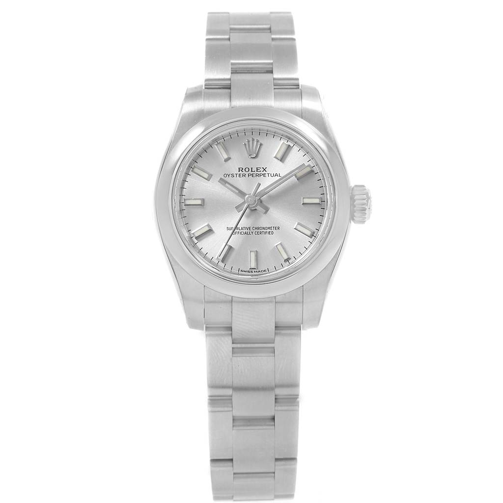 The image shows a front view of a Rolex Oyster Perpetual 176200 Women's Stainless Steel Silver Dial 176200 Women's Stainless Steel Silver Dial watch, displaying the dial, case, and bracelet.