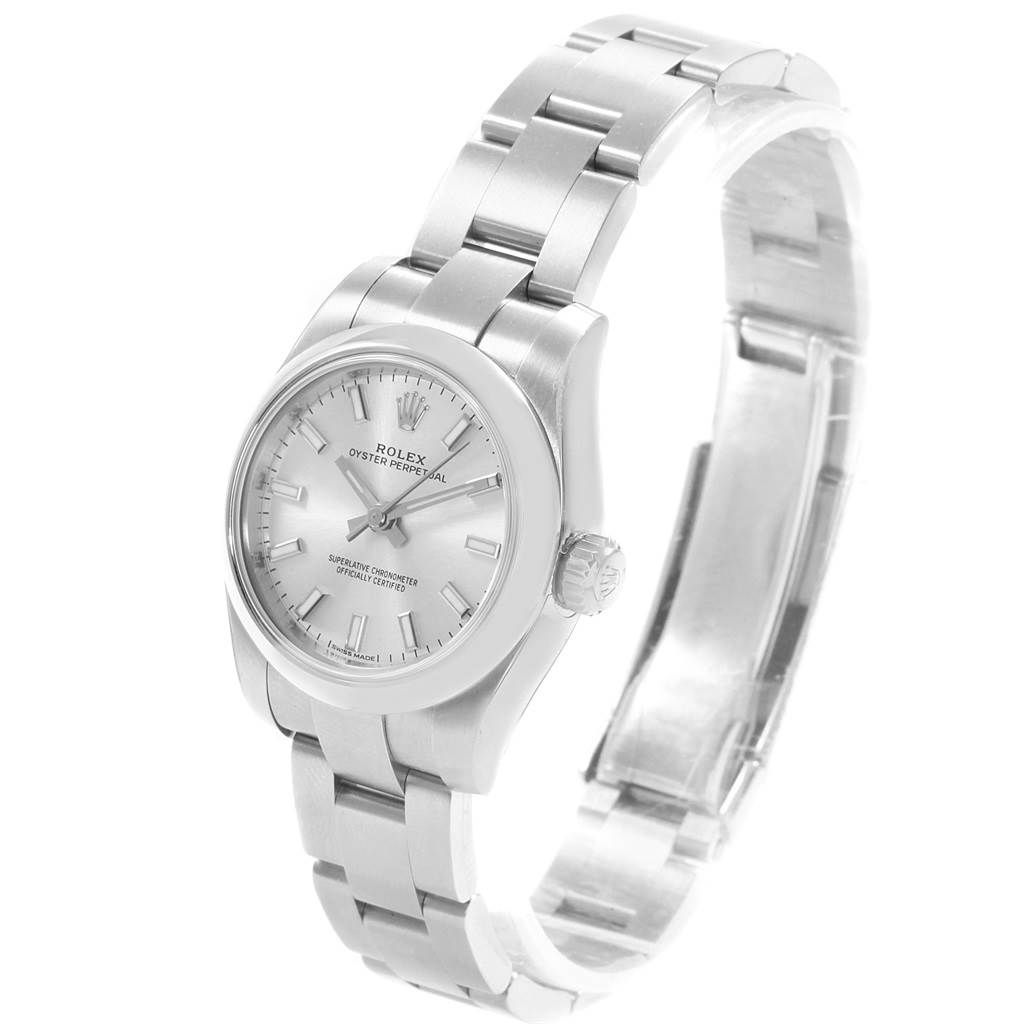 This image shows a Rolex Oyster Perpetual 176200 Women's Stainless Steel Silver Dial 176200 Women's Stainless Steel Silver Dial watch at a slight angle highlighting the face, bezel, and bracelet.