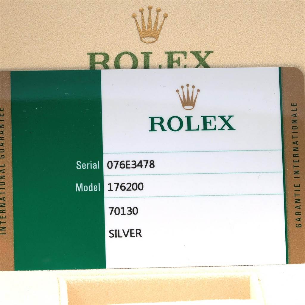 The image shows a Rolex Oyster Perpetual 176200 Women's Stainless Steel Silver Dial 176200 Women's Stainless Steel Silver Dial model 176200 warranty card with serial number 076E3478.