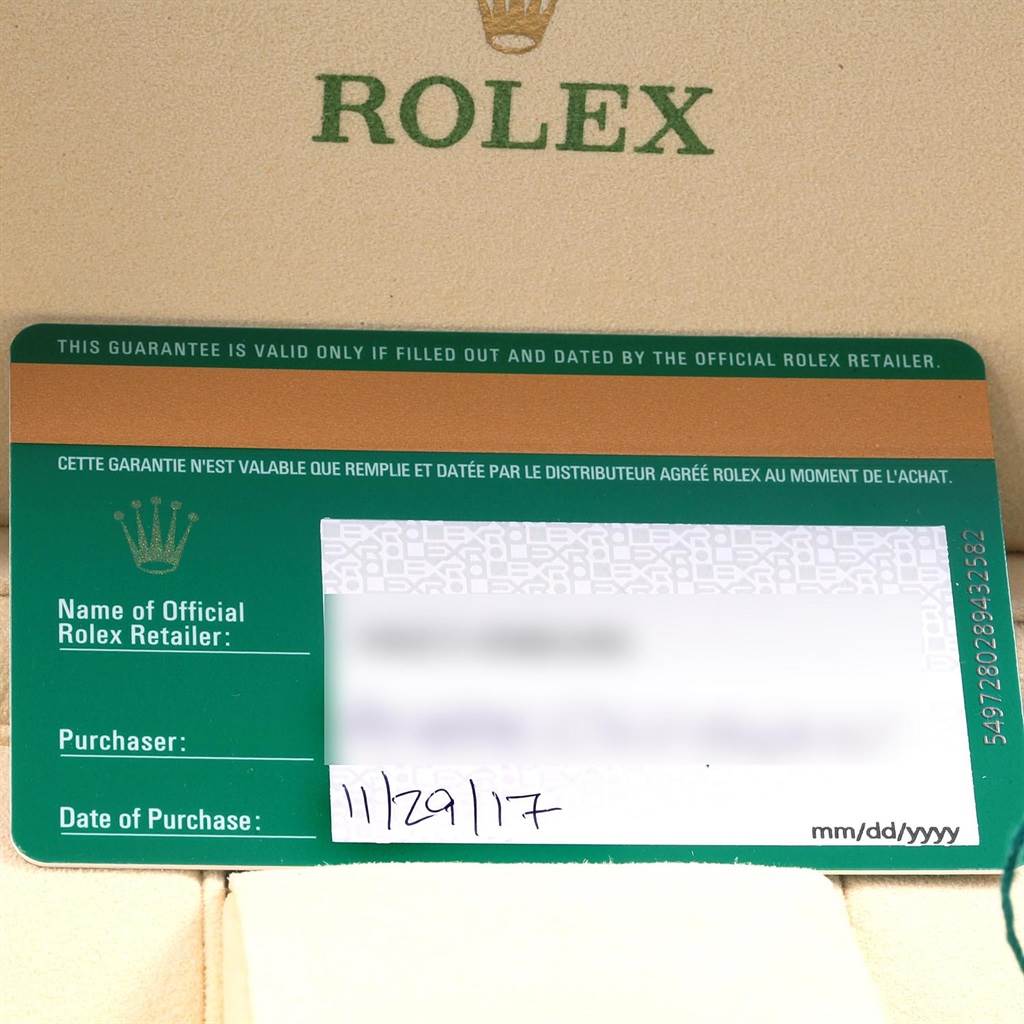 The image shows a warranty card for the Rolex Oyster Perpetual 176200 Women's Stainless Steel Silver Dial 176200 Women's Stainless Steel Silver Dial model, including purchase details and branding.