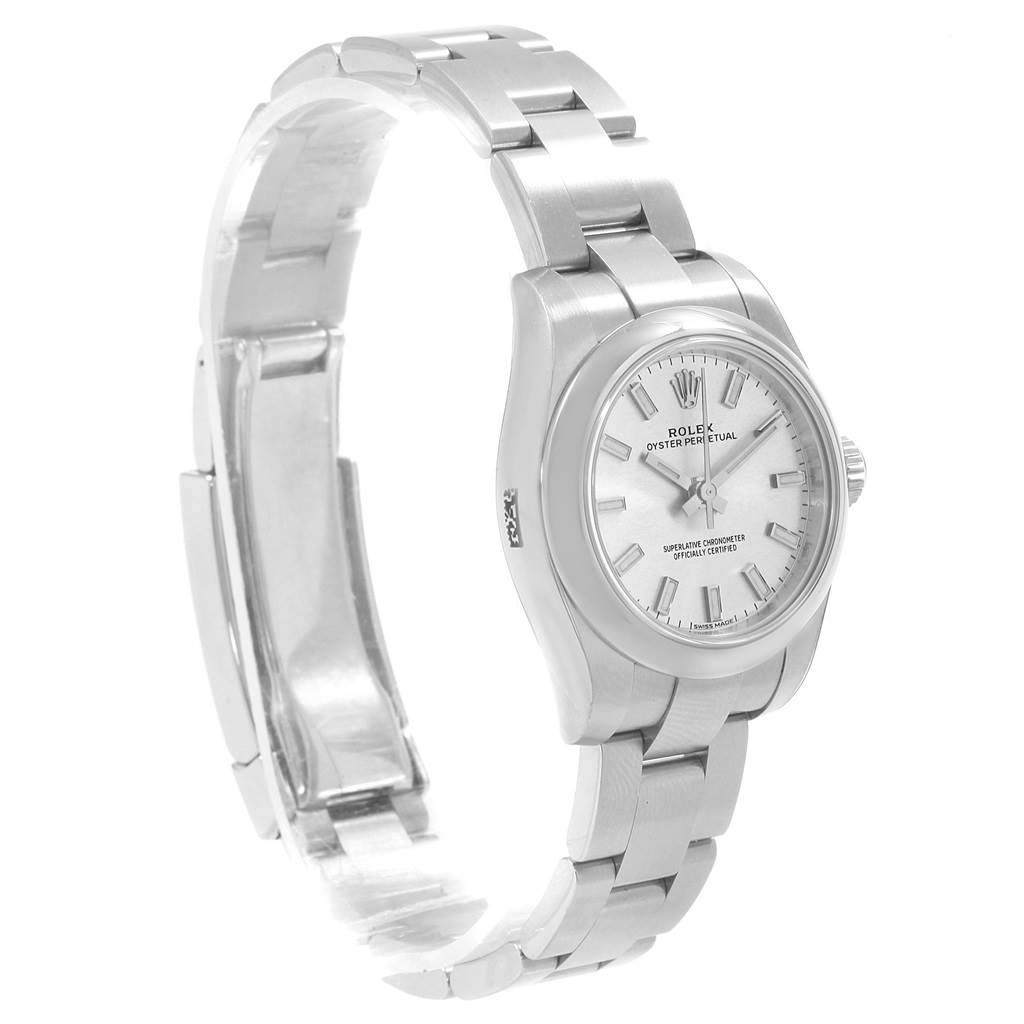 The image shows a Rolex Oyster Perpetual 176200 Women's Stainless Steel Silver Dial 176200 Women's Stainless Steel Silver Dial watch at an angled side view, highlighting the watch face, bezel, and part of the bracelet.