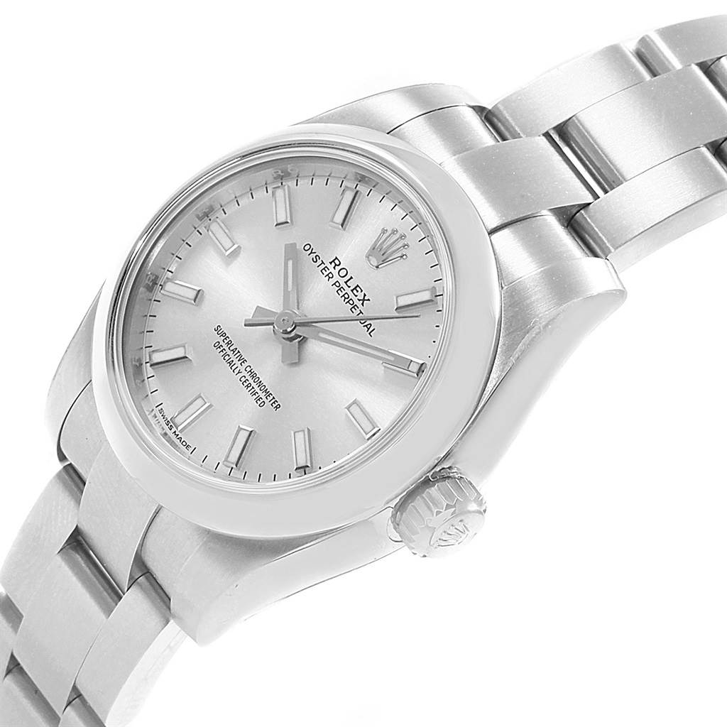 The Rolex Oyster Perpetual 176200 Women's Stainless Steel Silver Dial 176200 Women's Stainless Steel Silver Dial watch is shown at a slight angle, highlighting the dial, bracelet, and crown.