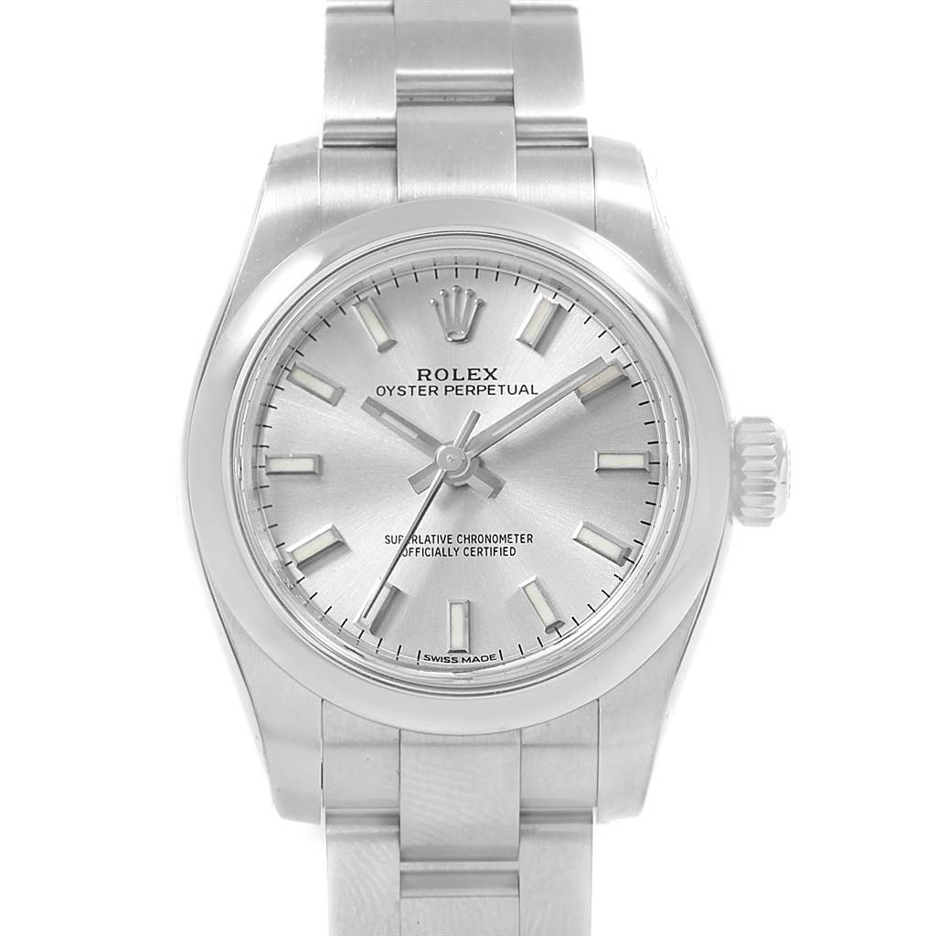 The image shows a front view of a Rolex Oyster Perpetual 176200 Women's Stainless Steel Silver Dial 176200 Women's Stainless Steel Silver Dial watch, displaying its face, bezel, crown, and a portion of the bracelet.