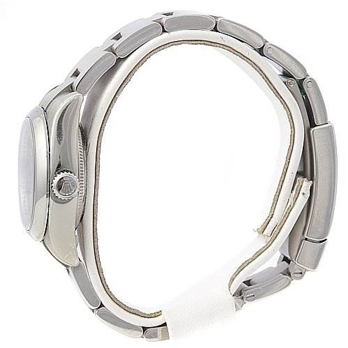 This side view image of a Rolex Oyster Perpetual 176200 Women's Stainless Steel Silver Dial 176200 Women's Stainless Steel Silver Dial watch shows the bracelet, case, and crown.