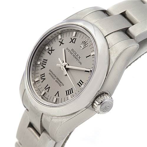 This image shows a Rolex Oyster Perpetual 176200 Women's Stainless Steel Silver Dial 176200 Women's Stainless Steel Silver Dial watch from an angled side view with visible dial, crown, and part of the bracelet.