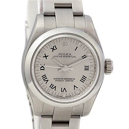 The image shows a front view of a Rolex Oyster Perpetual 176200 Women's Stainless Steel Silver Dial 176200 Women's Stainless Steel Silver Dial watch, highlighting the face, bezel, and part of the bracelet.