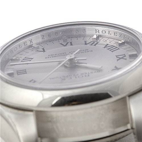 The image shows a close-up of the dial and bezel of the Rolex Oyster Perpetual 176200 Women's Stainless Steel Silver Dial 176200 Women's Stainless Steel Silver Dial watch, highlighting the Roman numerals and part of the bracelet.