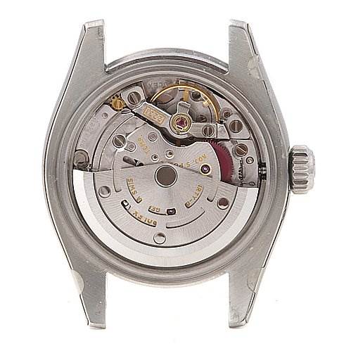 The image shows the internal mechanism of a Rolex Oyster Perpetual 176200 Women's Stainless Steel Silver Dial 176200 Women's Stainless Steel Silver Dial watch from a back view with the case back removed.