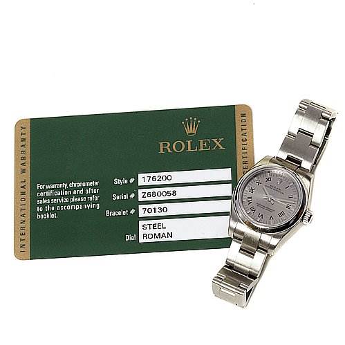 This image shows a Rolex Oyster Perpetual 176200 Women's Stainless Steel Silver Dial 176200 Women's Stainless Steel Silver Dial watch beside its certification card, displaying the watch face, bezel, and bracelet.