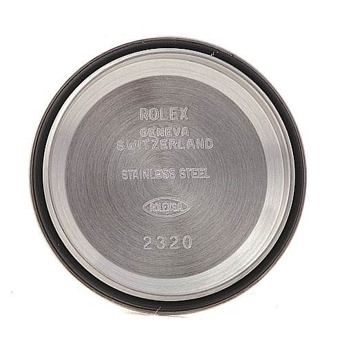 This image shows the back case of a Rolex Oyster Perpetual 176200 Women's Stainless Steel Silver Dial 176200 Women's Stainless Steel Silver Dial watch, specifically highlighting the inner engravings.