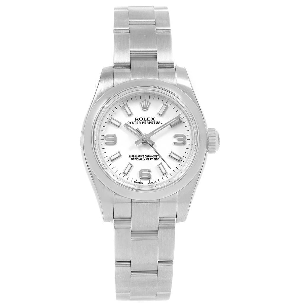 This image shows a Rolex Oyster Perpetual 176200 Women
s Stainless Steel White Dial 176200 Women
s Stainless Steel White Dial watch from a front angle, displaying the face, bezel, crown, and bracelet.