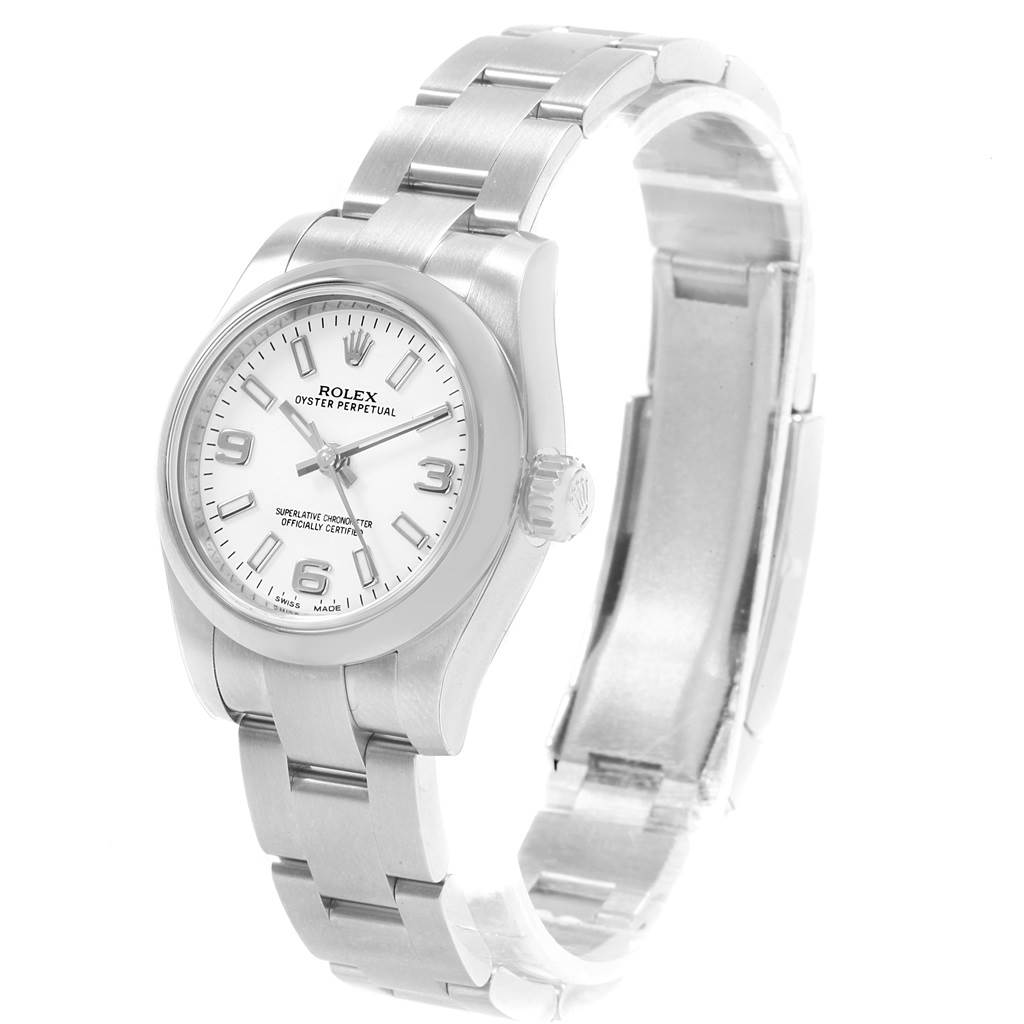 The Rolex Oyster Perpetual 176200 Women
s Stainless Steel White Dial 176200 Women
s Stainless Steel White Dial watch is shown at a three-quarter angle, highlighting the face, crown, and part of the bracelet.