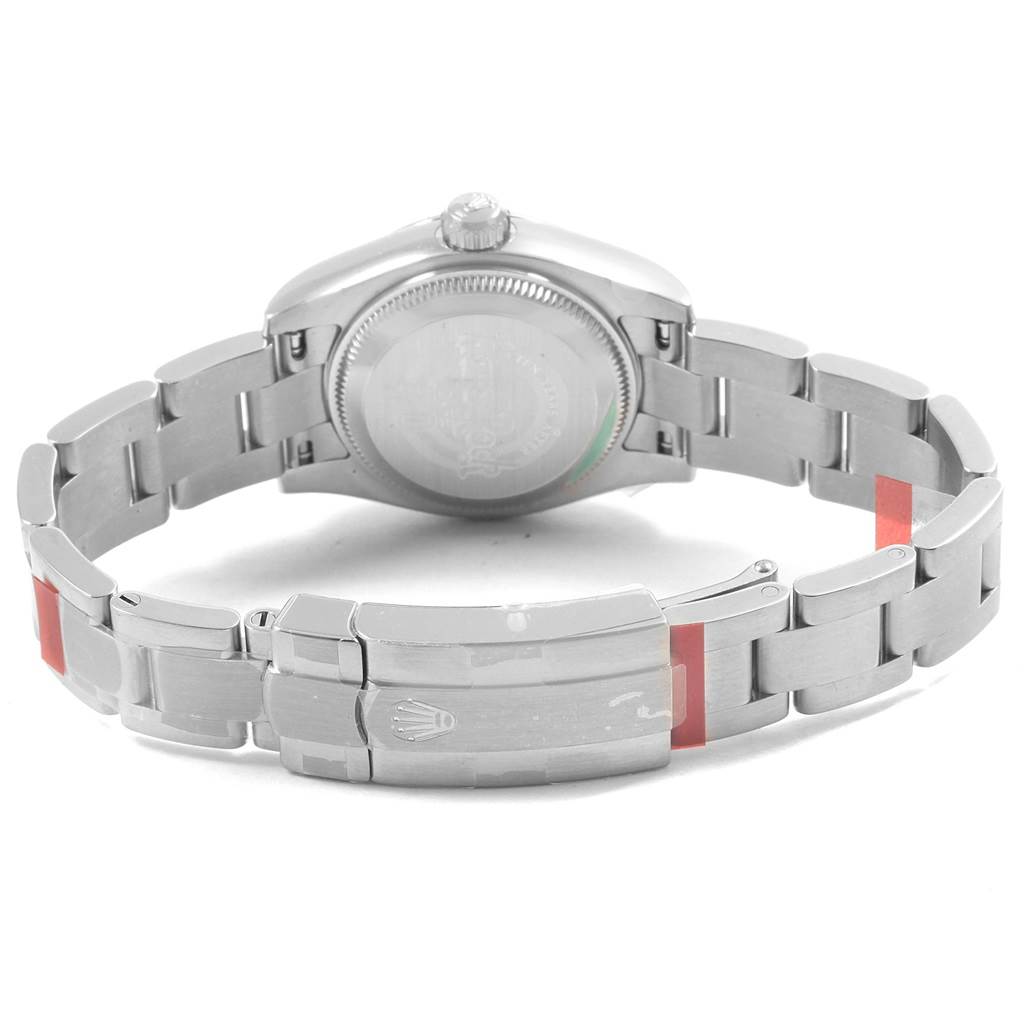 The image shows the back and clasp of a Rolex Oyster Perpetual 176200 Women
s Stainless Steel White Dial 176200 Women
s Stainless Steel White Dial watch at an angled view.