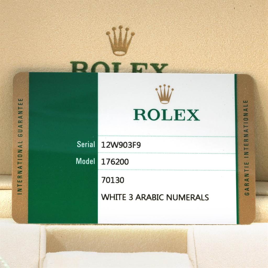 The image shows the guarantee card for a Rolex Oyster Perpetual 176200 Women
s Stainless Steel White Dial 176200 Women
s Stainless Steel White Dial model 176200.