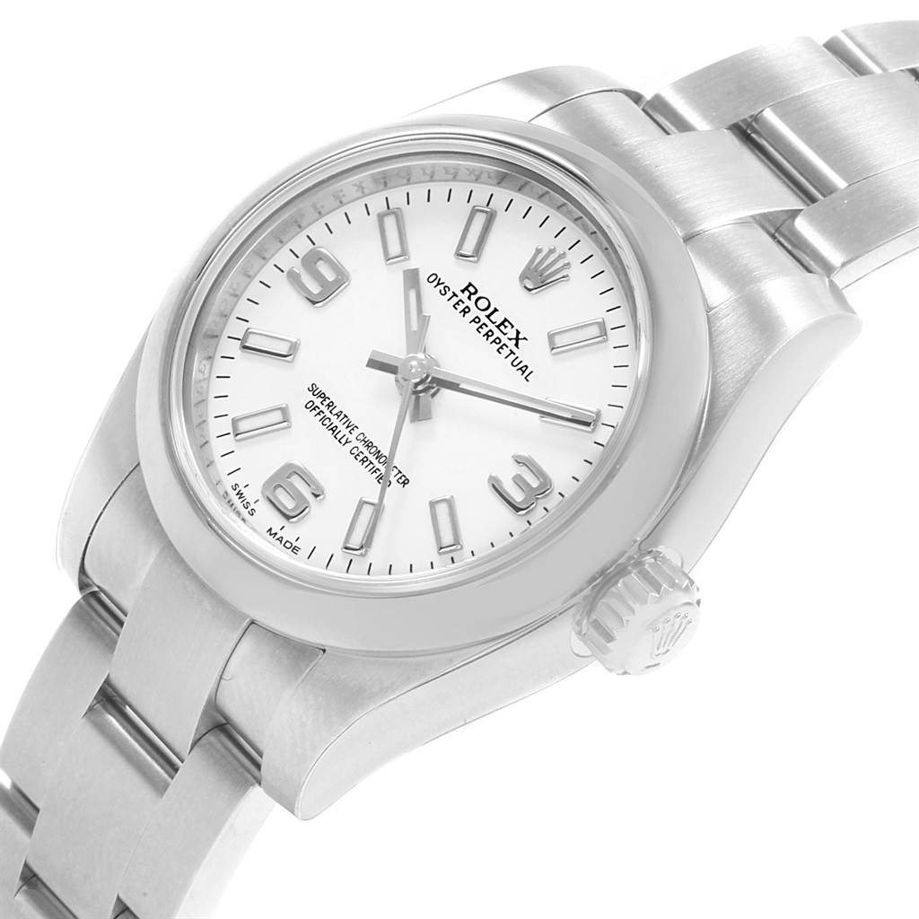 The image shows a Rolex Oyster Perpetual 176200 Women
s Stainless Steel White Dial 176200 Women
s Stainless Steel White Dial watch at an angled view, highlighting its dial, bezel, crown, and part of the bracelet.