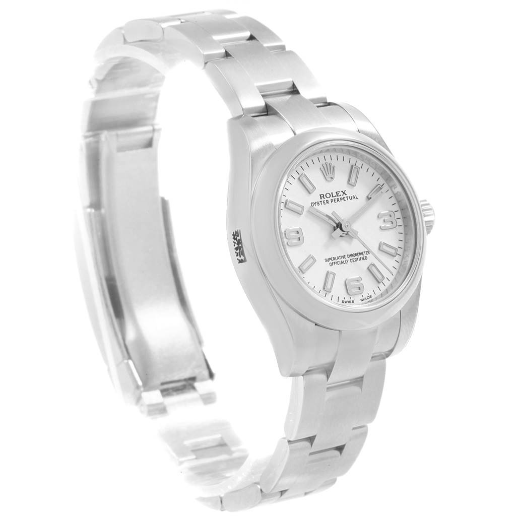 The image shows a front angle of a Rolex Oyster Perpetual 176200 Women
s Stainless Steel White Dial 176200 Women
s Stainless Steel White Dial watch, highlighting its face and stainless steel bracelet.
