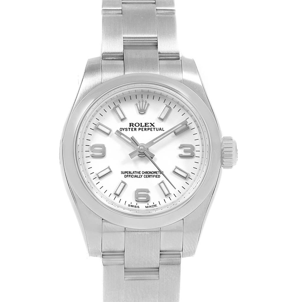 The image shows a front view of the Rolex Oyster Perpetual 176200 Women
s Stainless Steel White Dial 176200 Women
s Stainless Steel White Dial watch, displaying its dial, bezel, and part of the bracelet.