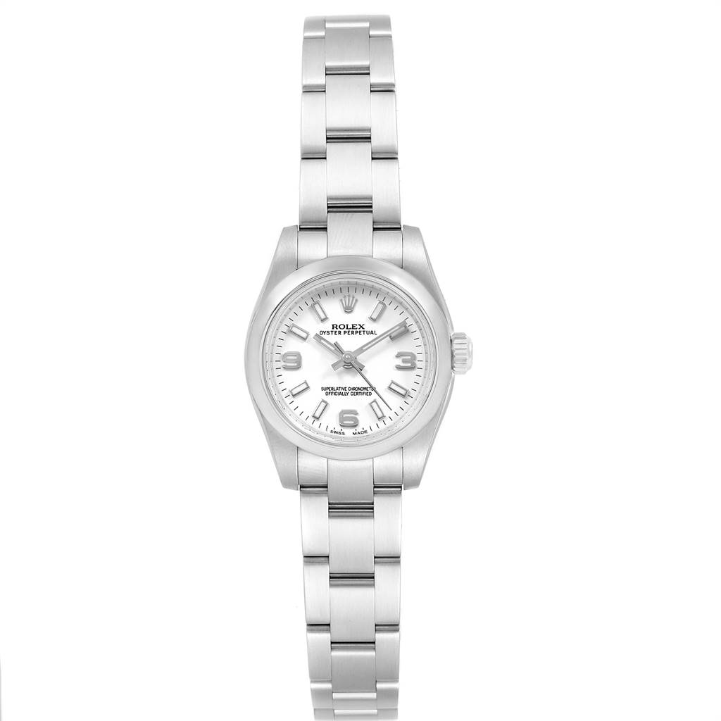 This Rolex Oyster Perpetual 176200 Women's Stainless Steel White Dial 176200 Women's Stainless Steel White Dial watch is shown from a front angle, displaying its face, bezel, and metal bracelet.
