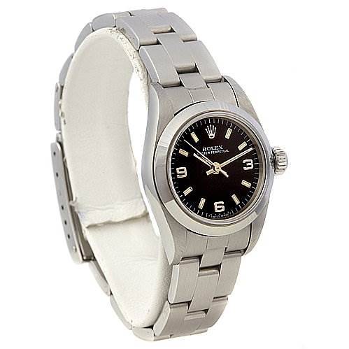 Rolex Oyster Perpetual Ladies Ss Watch Black Dial 67180 SwissWatchExpo