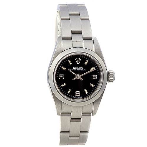 This image shows the front view of a Rolex Oyster Perpetual 67180 Women's Stainless Steel Black Dial 67180 Women's Stainless Steel Black Dial watch, displaying the full bracelet and black dial.