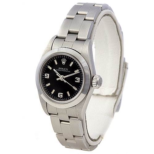 The image shows a Rolex Oyster Perpetual 67180 Women's Stainless Steel Black Dial 67180 Women's Stainless Steel Black Dial watch from an angled view, highlighting its black dial, silver bracelet, and crown.